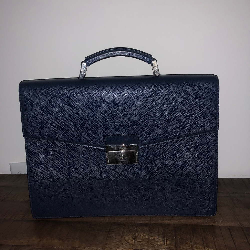 Prada Navy Blue Saffiano Leather Briefcase - Picture 1 of 2